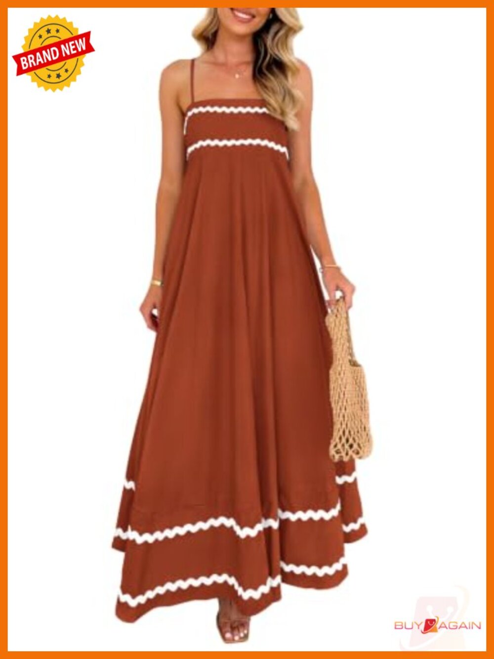 Women's Spaghetti Strap Boho Maxi Dress - Sleeveless A-Line Square Neck Sundress